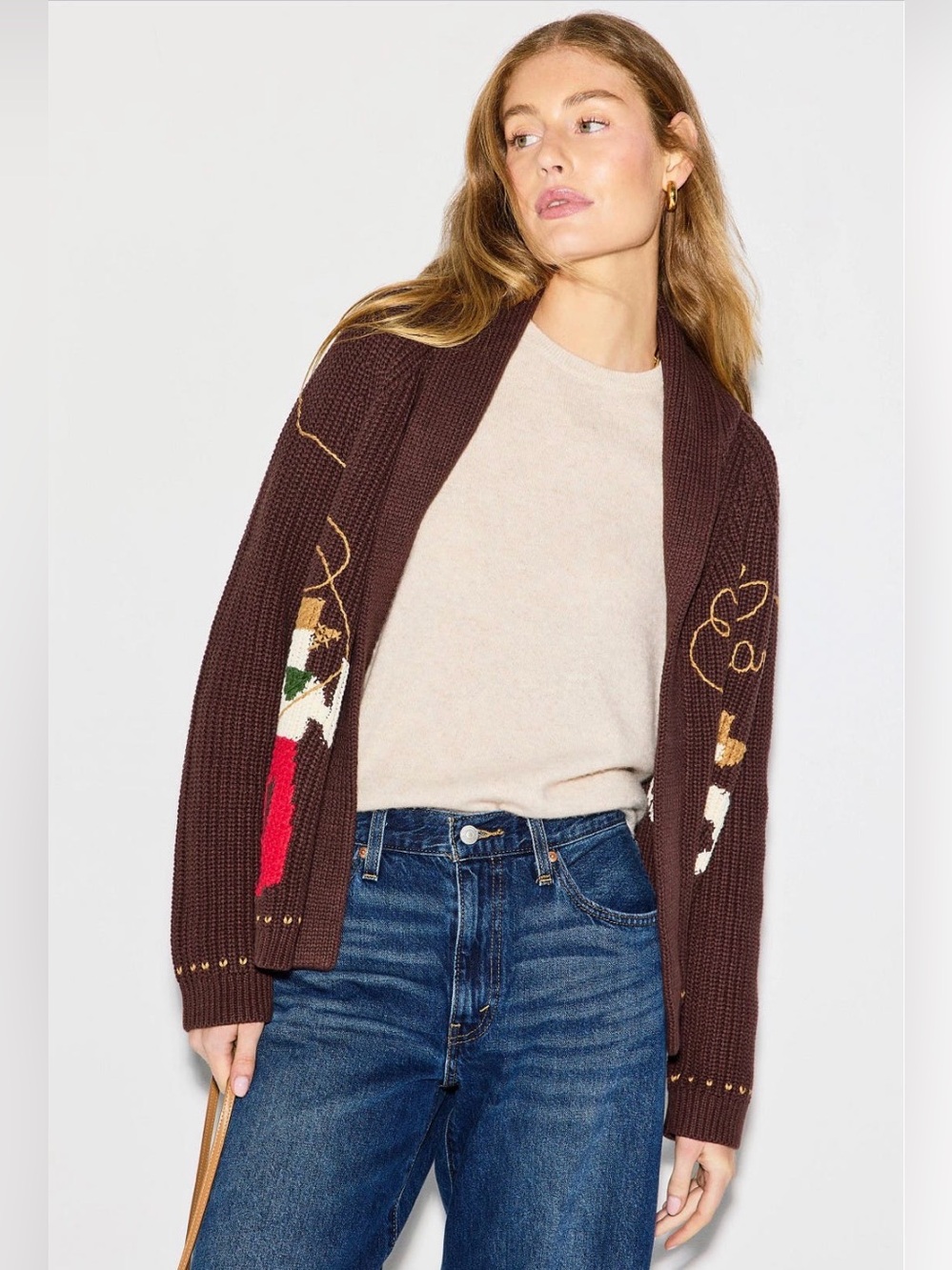 THE GREAT. chocolate Brown Knit Cardigan with Rodeo Intarsia lasso lodge sweater - Picture 6 of 9